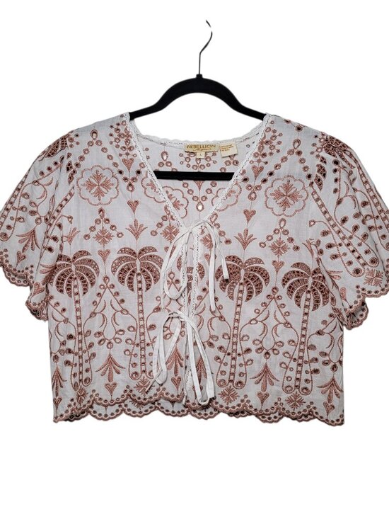 Rebellion Tops - Rebellion Tie Front Eyelet Palm Top Cotton White Brown Large Boho Tropical